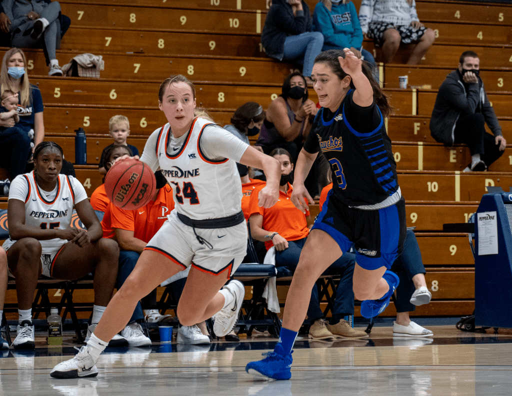 Freshman guard Ally Stedman drives to the basket against UC Santa Barbara. Stedman was named the WCC Freshman of the Week earlier.