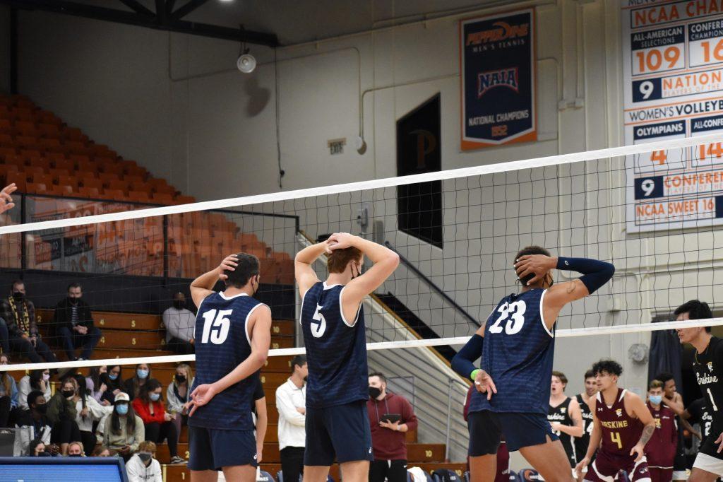 Steele, Andersen and Jasper wait for the serve during Friday's game against the Erskine Flying Fleet. This was Jasper's second home game with the Waves. Photo by Mary Elisabeth