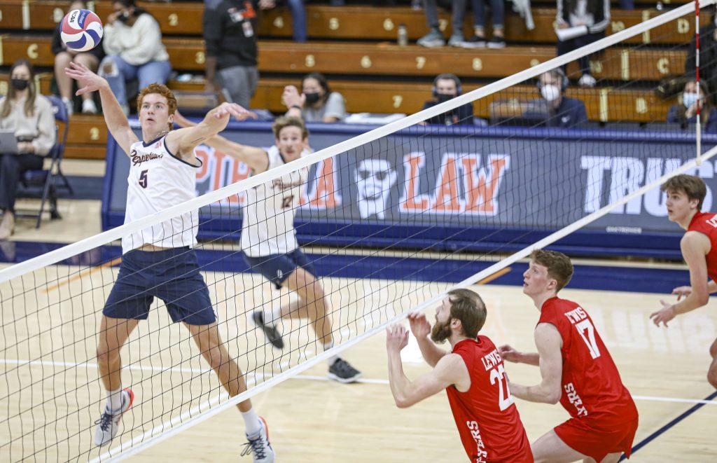Pepperdine sophomore middle blocker Anderson Fuller attempts a kill during the game versus Lewis on Jan. 28. The team travels to UC Santa Barbara for a rematch Friday. Photo by Ryan Bough