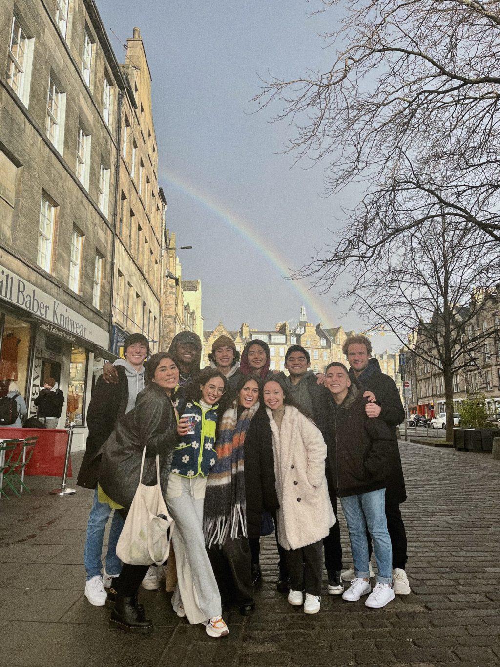 A group of Pepp London students pose in front of a rainbow in Edinburgh, Scotland in early February as part of a weekend trip. It snowed twice and for many like myself, it had been our first time seeing snowfall, we danced as the flakes hit our skin. Photo by Beth Gonzales