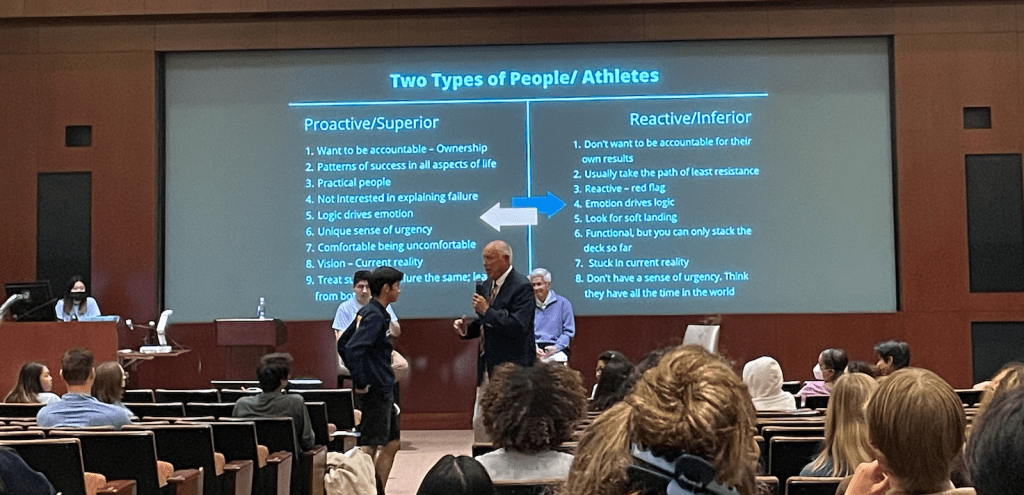 Dunphy explains to the audience how to be proactive and resilient. Dunphy said in sports, the resilient athletes succeed because they are able to move forward and learn from mistakes.