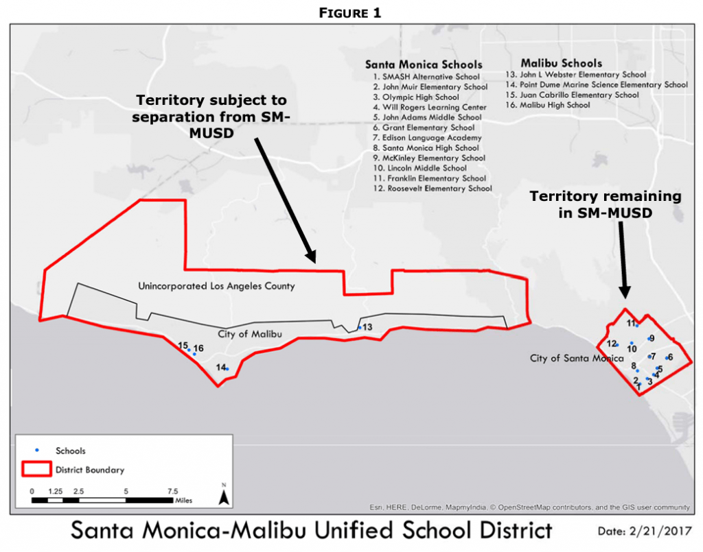 A map featured in Malibu’s feasibility study shows the current territory in SMMUSD. The obvious division between the Malibu and Santa Monica areas would make it easy to draw borders for two new districts. Graphic courtesy of the City of Malibu