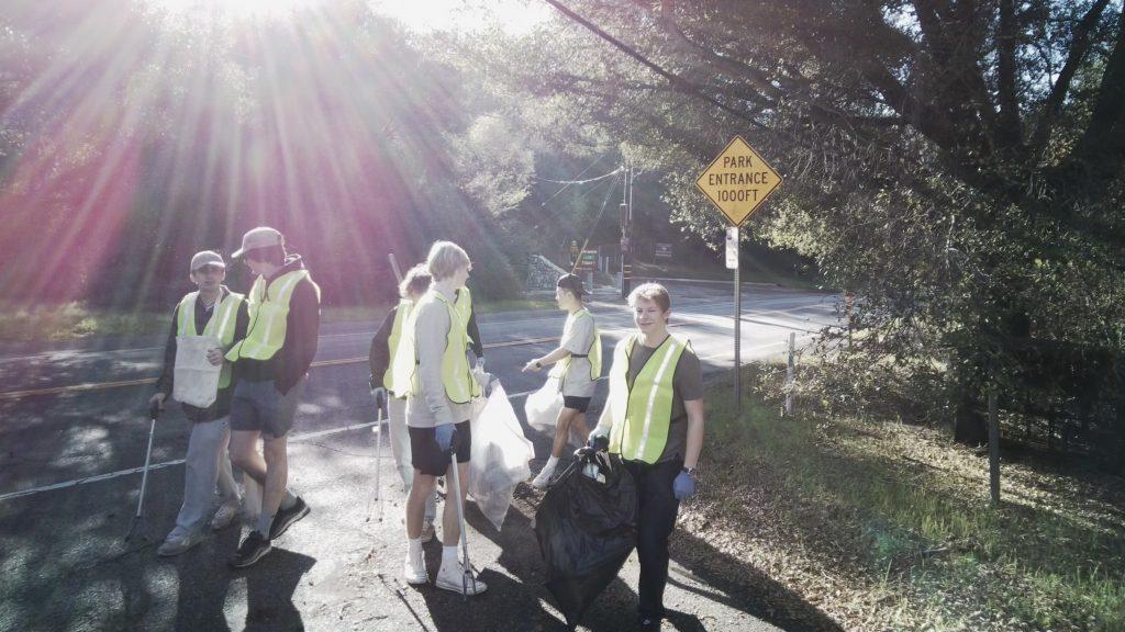 Psi Upsilon members are shown picking up trash along Malibu Canyon Road for their community service hours. The Psi Upsilon chapter at Pepperdine values service, which is one of their main missions. Photo courtesy of Alex Paloglou
