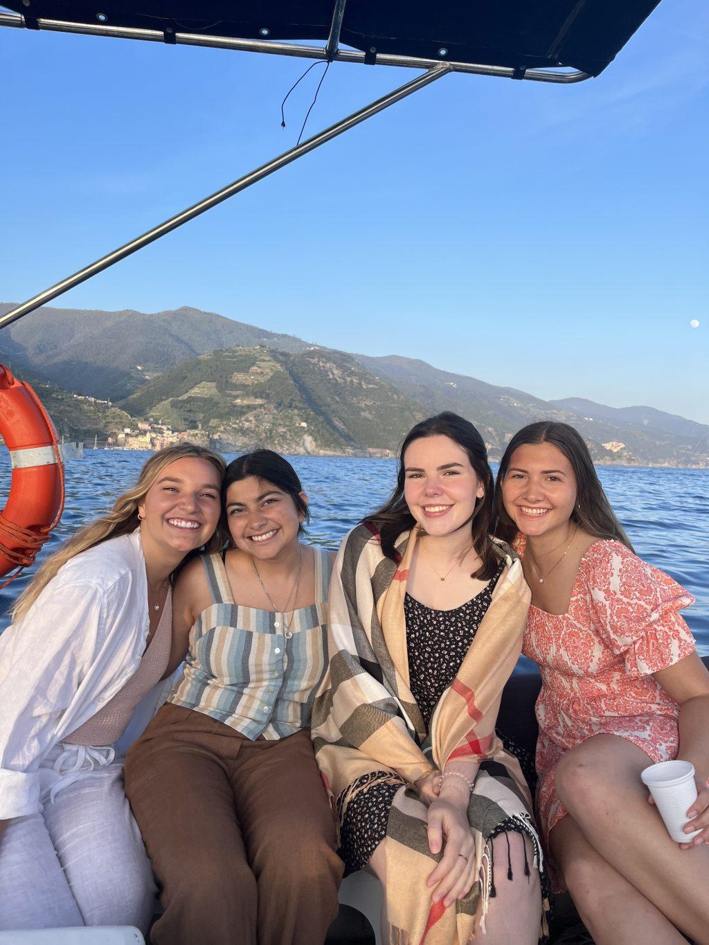 Juniors Mariah Macias, Alex Willhelm, Vanessa Zubas and I on a boat in Cinque Terre, Italy. The sunset boat tour was one of our favorite parts of the whole month in Italy.