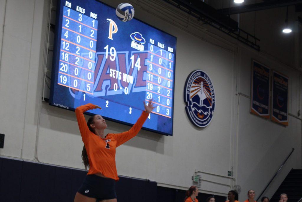 Chillingworth lines up for a serve during the Asics Classic. Chillingworth achieved her second career double-double versus Baylor.