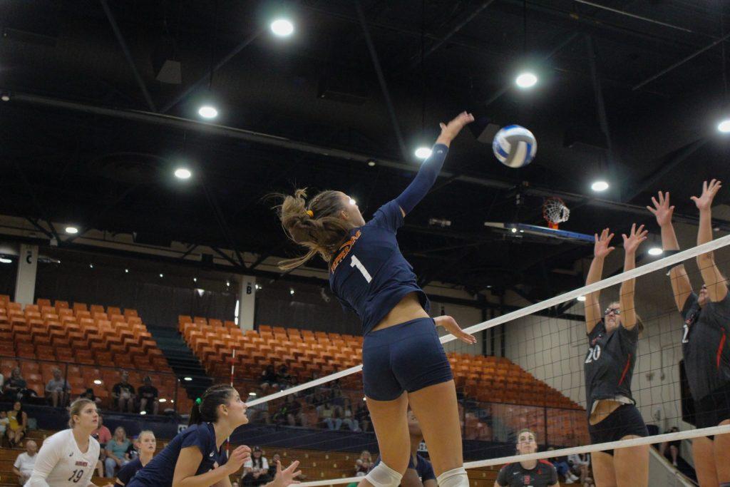 Chillingworth goes up for a kill during the Asics Classic. Chillingworth averaged 9.3 kills during the tournament.