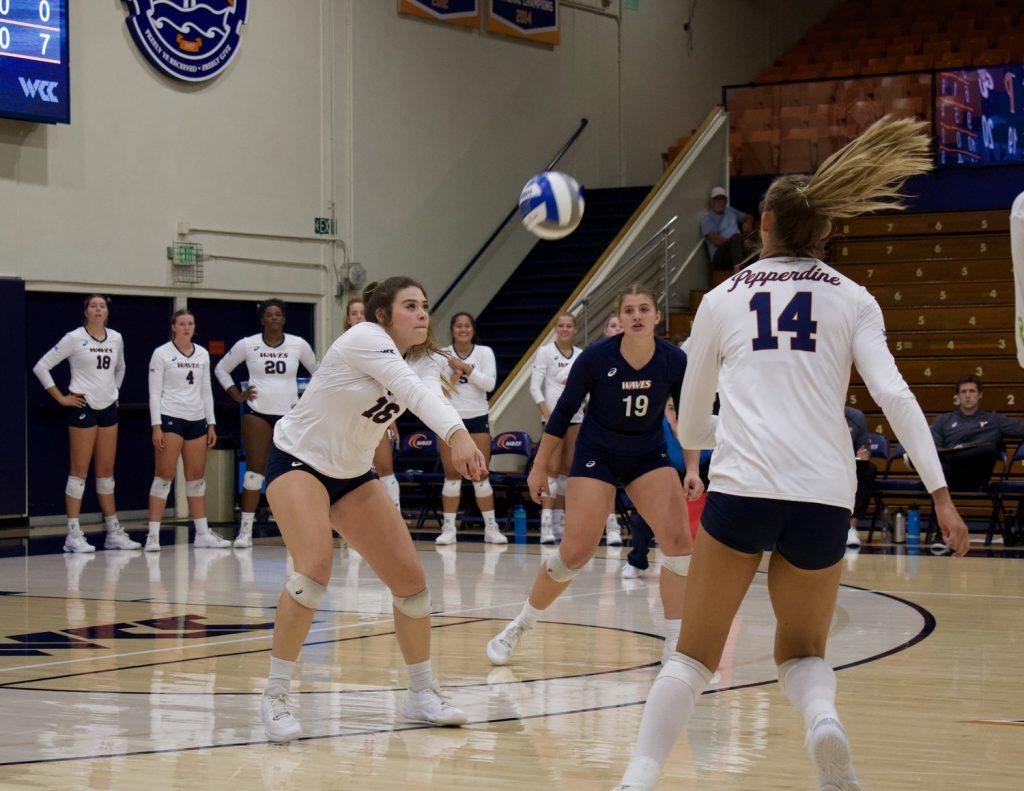 Sophomore libero Trinity Stanger prepares to bump the ball during Pepperdine's 3-0 win against Gonzaga on Sept. 27. Stanger had five digs in the game.