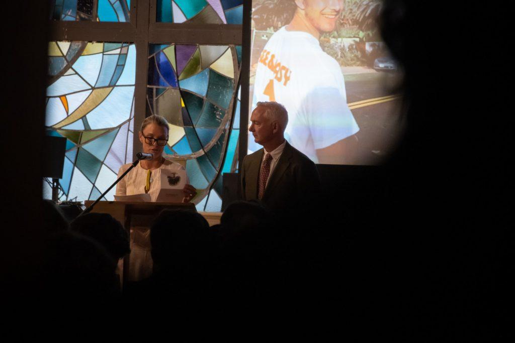 Will's parents, Leslie and Pat, share with Will's friends and family what they meant to him at Will's memorial Sept. 9, at Stauffer Chapel. The Hub for Spiritual Life, in coordination with Sig Ep, planned the memorial to honor Will. Photo by Lucian Himes