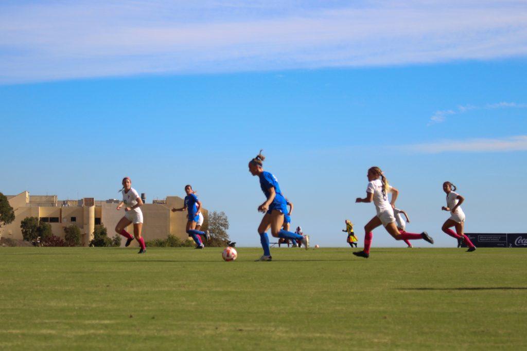 The Waves rush back on defense versus BYU Oct. 19 at Tari Frahm Rokus Field. The Cougars commanded the tempo throughout the game and outshot the Waves 23-7