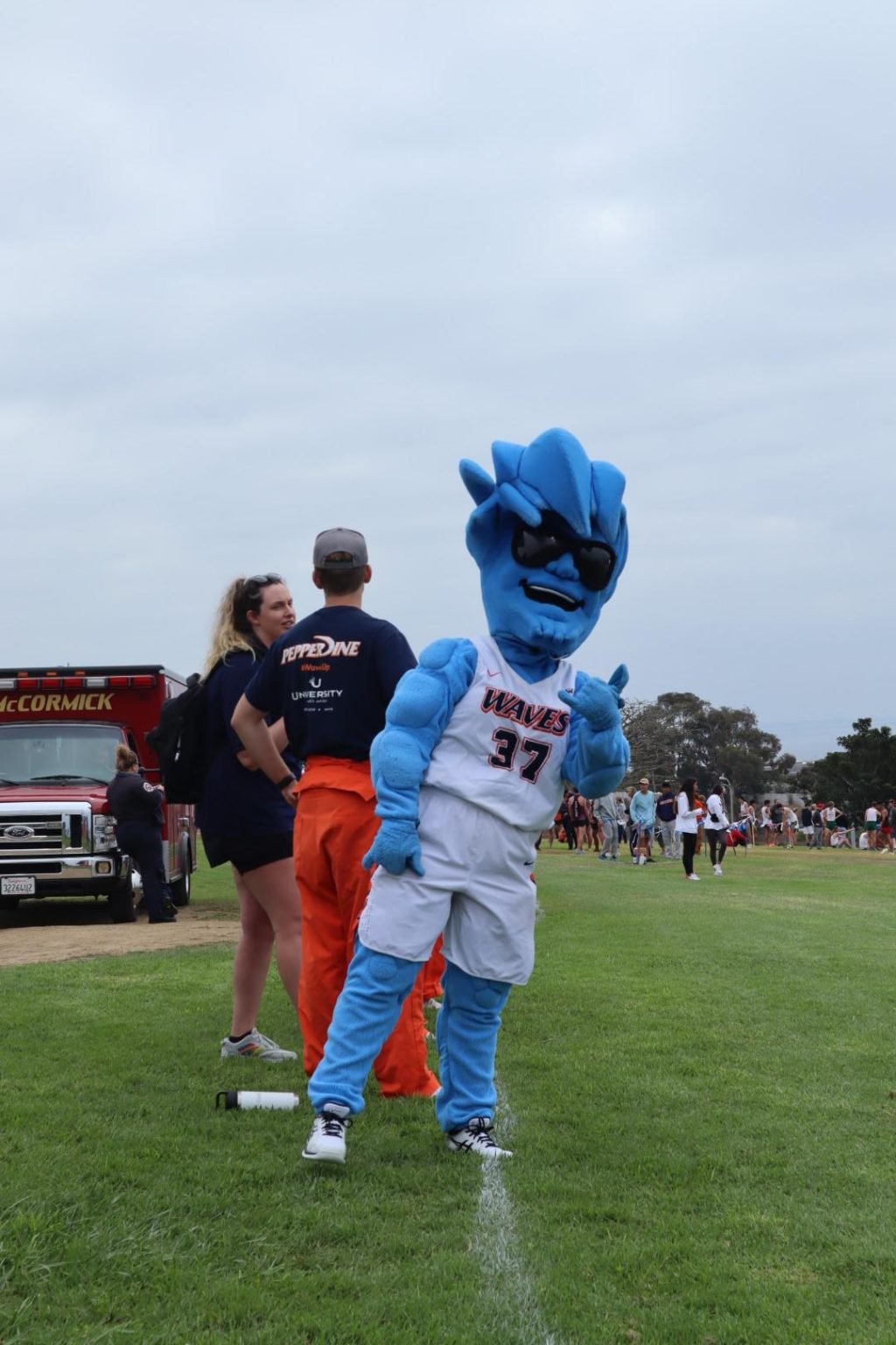 Willie the Wave poses for a picture at the Waves Invitational on Oct. 1, in Malibu. The Waves showed their overall strength in this meet, as the women's team won first place and the men's finished second.