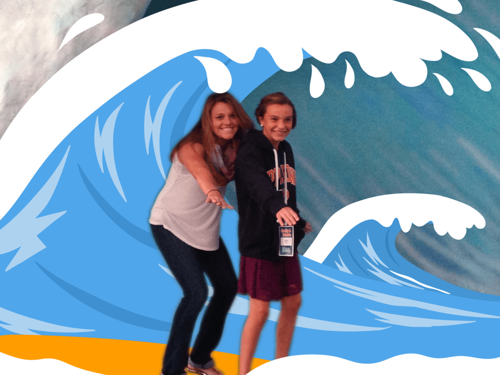 My sister showing me how to surf at Waves Weekend in 2014. Art illustration by Vivian Hsia