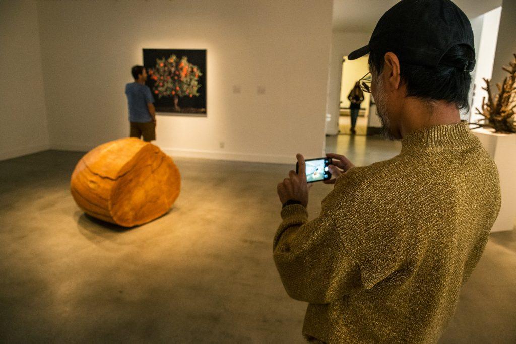 An exhibit attendee steps back and takes a photo of Kazuo Kadonaga&squot;s "Wood Nov. 11," 1999, on Sept. 10. His art revealed the soul of each living thing, according to Kadonaga, a Buddhist.