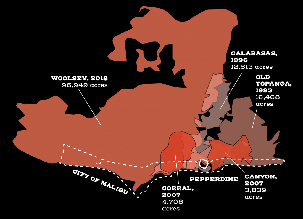 A map displays five of the wildfires near or on Pepperdine's Malibu campus since 1993. Source: L.A. Times. Graphic by Ali Levens