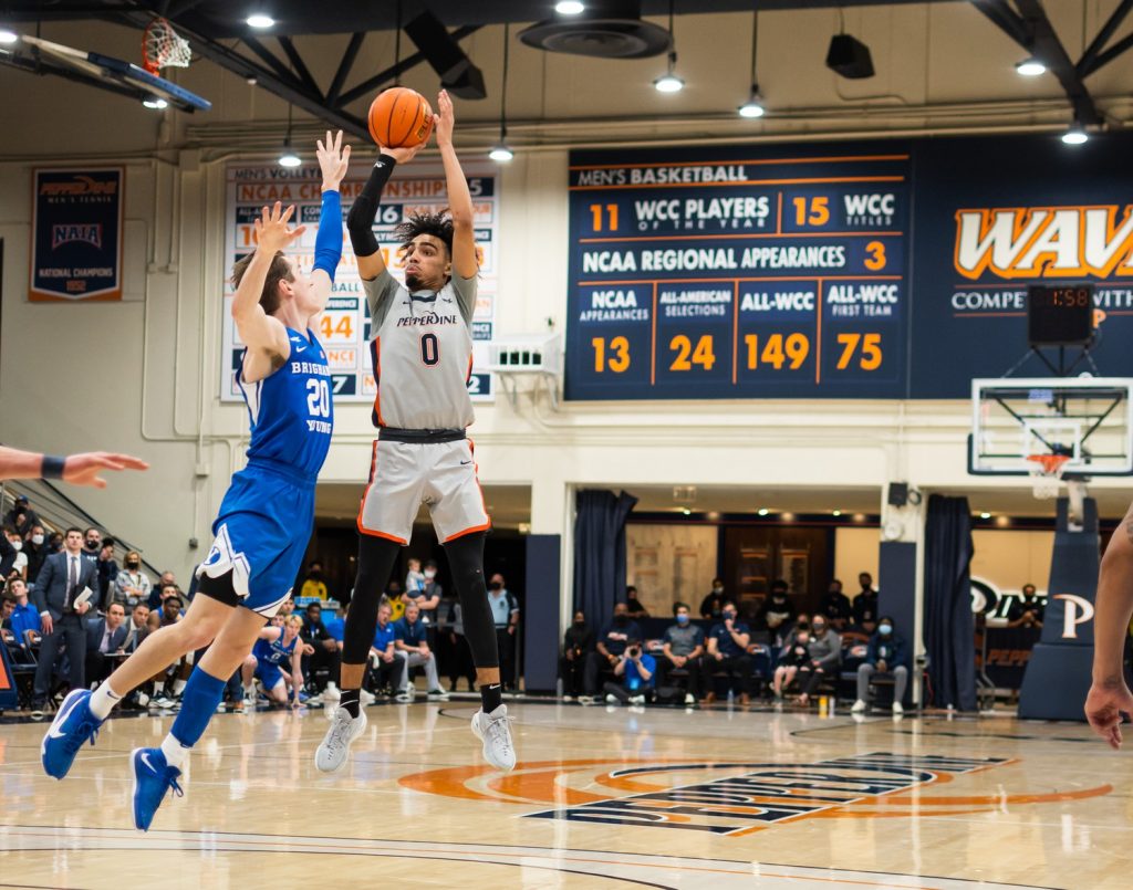 Then-first-year guard Houston Mallette rises up for a jump shot versus Brigham Young University on Feb. 12, 2021 at Firestone Fieldhouse. Mallette finished with a career high of 31 points.