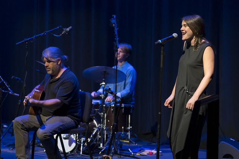 Vocalist Sarah King sings three songs with the band in Smothers Theatre on Oct. 23. King stood on the far right side of the stage next to guitarist Stephan Wrembel.