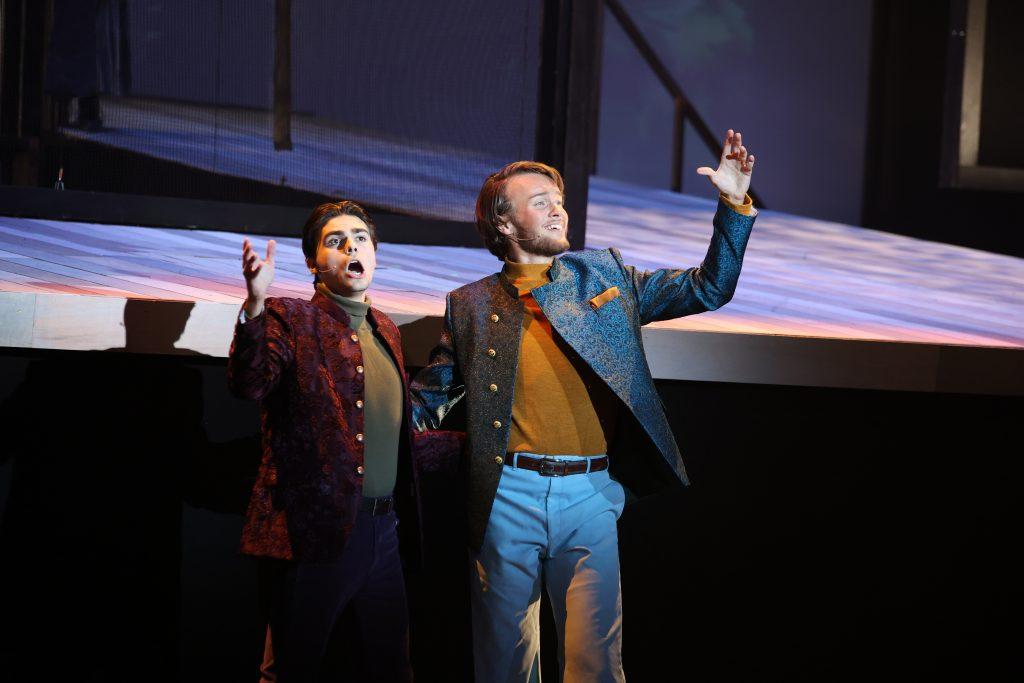 First-year Josh Corey (left) and sophomore Jace Vendenlin play the two princes in the show that serenade their princesses during dress rehearsal Wednesday, Nov. 9. The two princes added comedic elements and powerful voices to Smothers Theatre. Photo courtesy of Lucian Himes