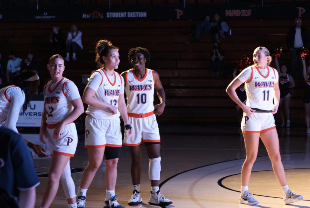 Pepperdine Women's Basketball team lines up for the introductions versus San Diego on Jan. 16, at Firestone Fieldhouse. The team is 6-17 on the season and won one conference game.