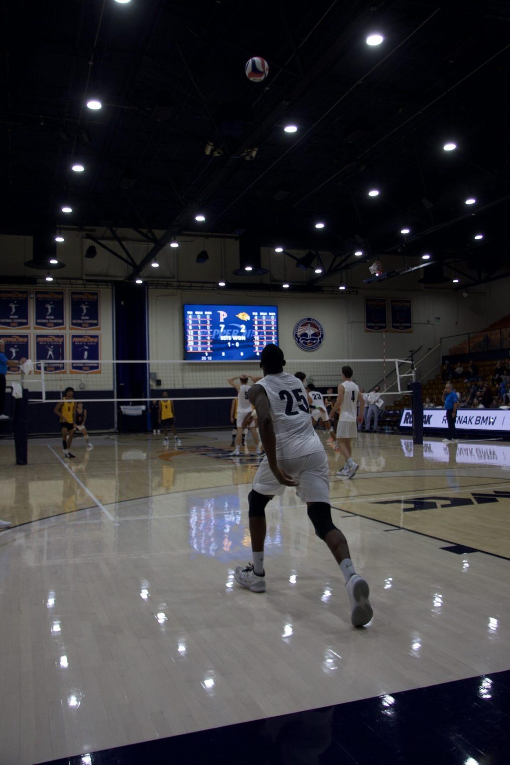 Senior outside hitter Akin Akinwumi winds up for a serve versus Emmanuel on Jan. 14 at Firestone Fieldhouse. Akinwumi is infamous for his laser serves that go up to at least 75 mph.