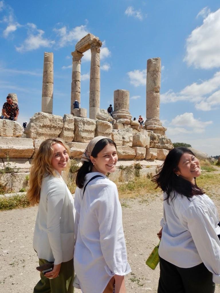 Savannah Sichelstiel (left), Anna Stephens (middle) and Serene Woon (right) walking in Amman Citadel on May 7. Students had the opportunity to travel to archaeological sites like this one in Jordan.