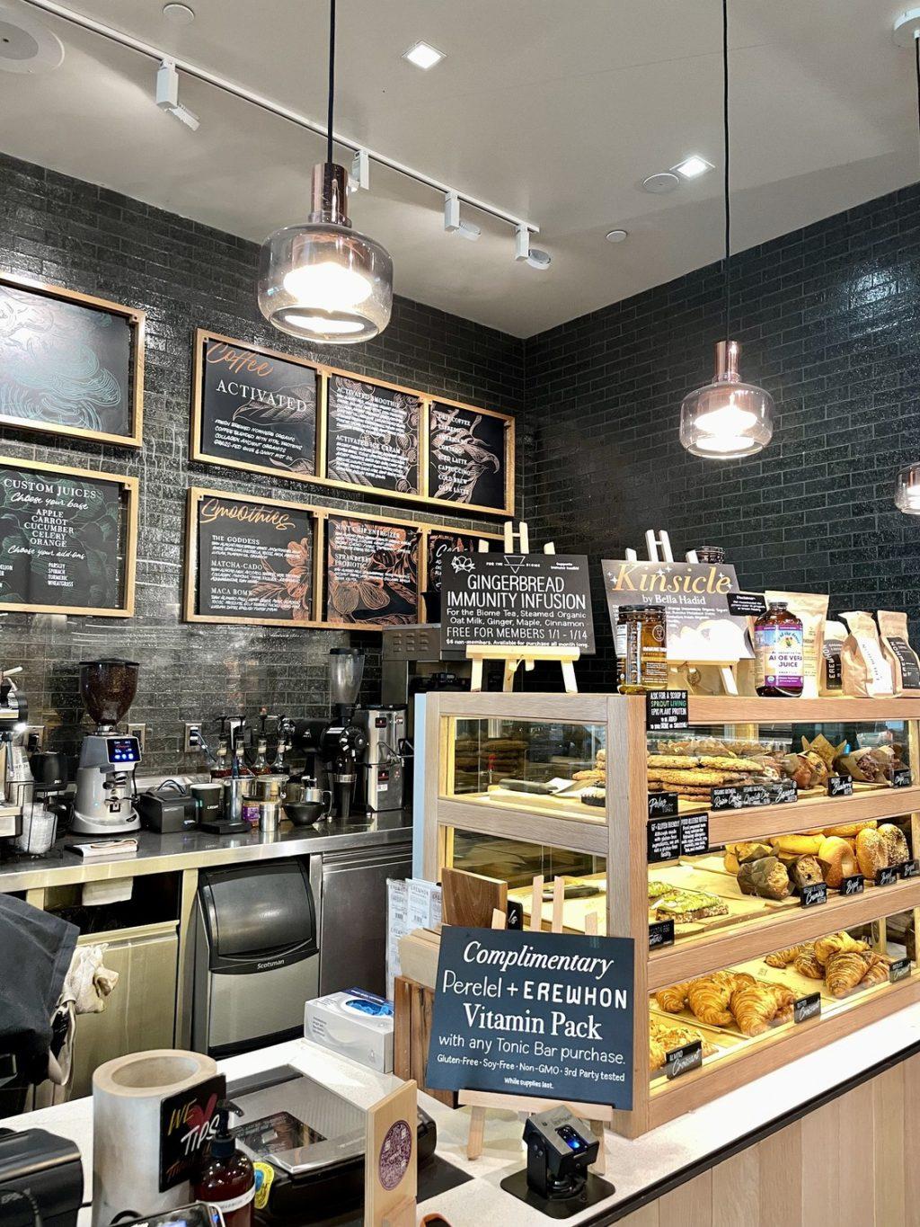 The Erewhon Tonic Bar features customized smoothies and juices, smoothie bowls, coffee and freshly baked pastries.  With Erewhon membership, customers could get discounts on tonic bar purchases and other exclusive offers.
