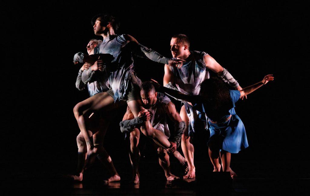 Pilobolus dancers Hannah Klinkman, Paul Liu, Nathaniel Buchsbaum, Zack Weiss, and Marlon Feliz perform "The Ballad" at The American Dance Festival in 2022