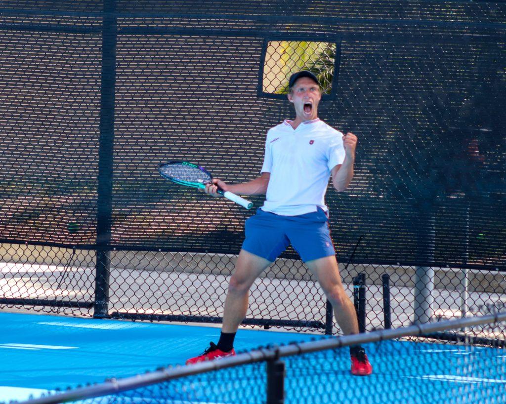 Graduate student Tim Zeitvogel celebrates during the ITA Fall Championships on Nov. 2-3 in San Diego. Last year the team was ranked No. 26th in the nation. Photo by Denver Patterson