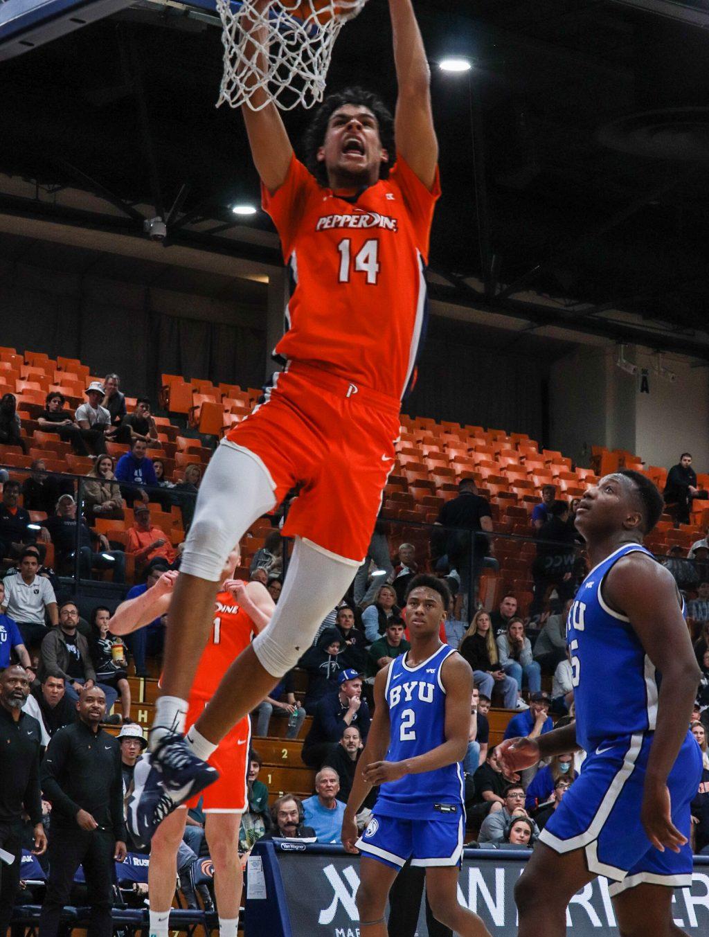 Pepperdine Men's Basketball forward Jevon Porter goes up for a dunk versus BYU on Feb. 9, at Firestone Fieldhouse. Porter scored a career-high of 30 points versus the Cougars.