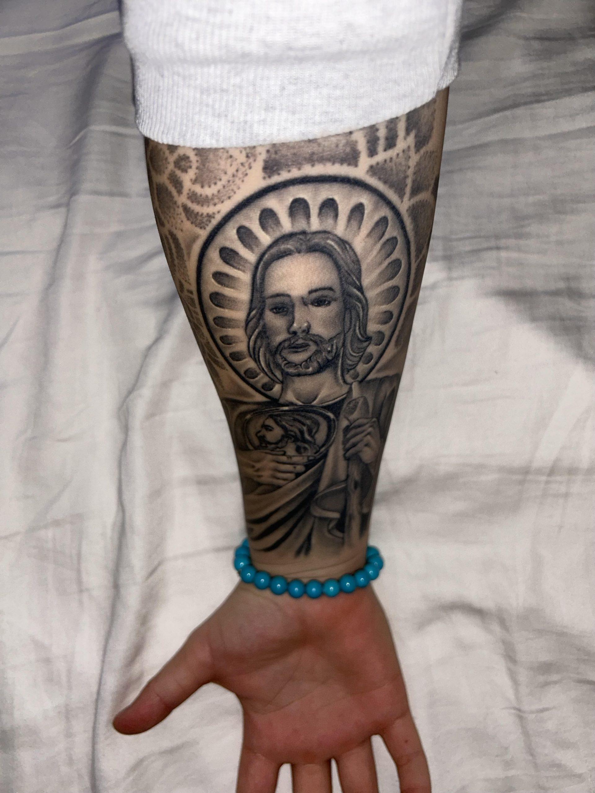 Share more than 74 san judas tattoo forearm best in.cdgdbentre