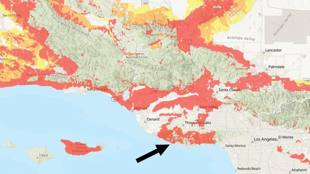 This map shows fire severity zones in California as of 2023. Malibu is in the red zone, meaning it is in a “high fire hazard severity zone," according to Cal Fire. Photo courtesy of Cal Fire