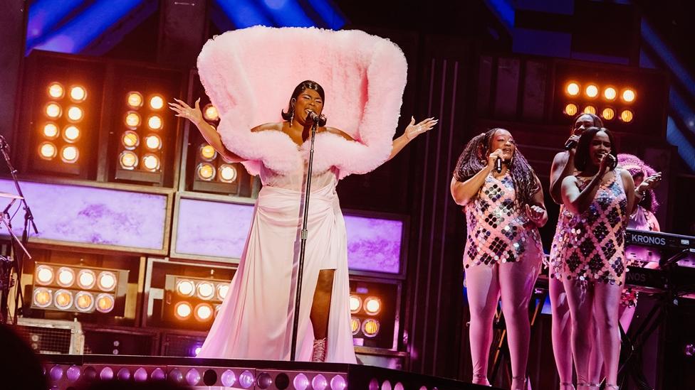 Lizzo performs a medley of songs from her 2022 album, "Special," at the BRITs on Feb. 11 at The O2 Arena in London. Lizzo and her dancers rocked the stage with bright, pink outfits and energetic choreography.