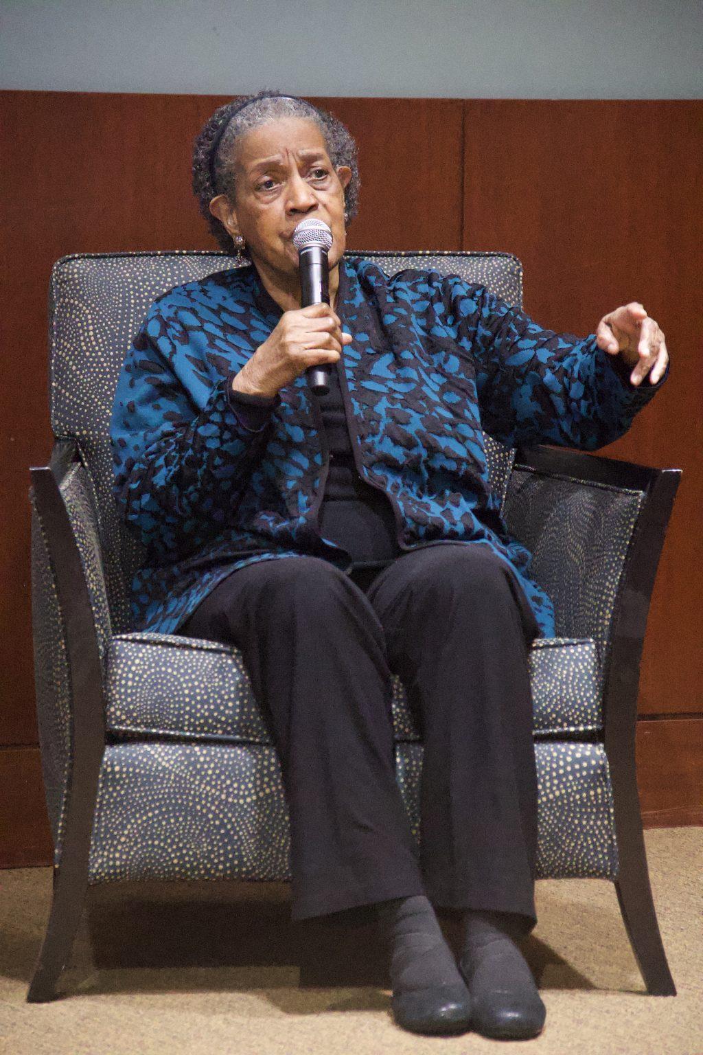 Myrlie speaks to the audience March 16, the day before her 90th birthday. Myrlie said young people give her hope about the future of her country.