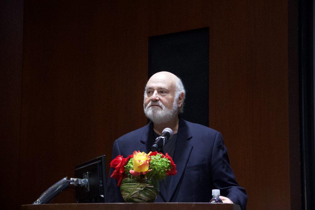 Actor and Director Rob Reiner speaks from the podium in Elkins Auditorium on March 16, about his relationship with Myrlie Evers. In 1996, Myrlie gave Reiner the poll tax receipt that was in Medgar's wallet the night of his murder.