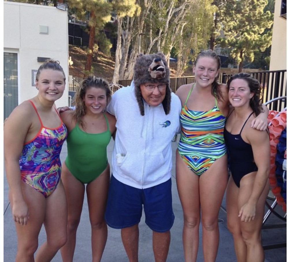 Nick poses with his famous "bear hat" with four of his swimmers at Pepperdine in 2015. Nick loved to make each practice fun and memorable, even throughout challenging sets. Photo courtesy of Katie Giacobbe