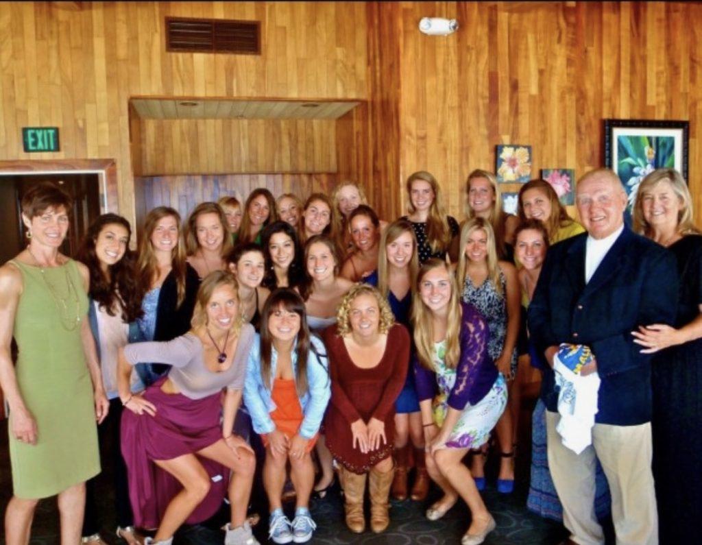 Nick with the Women's Swim and Dive team at Duke's Restaurant in Malibu in 2018. Nick's swimmers said they often had team dinners in Malibu. Photo courtesy of Katie Giacobbe