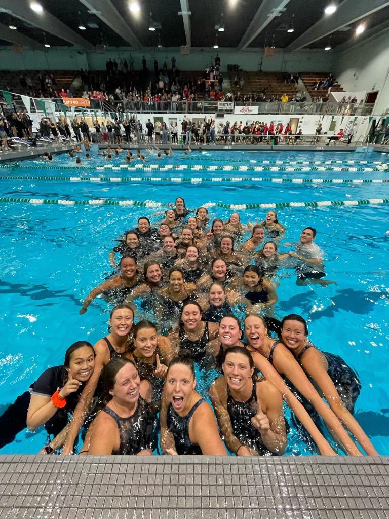 Pepperdine Women's Swim and Dive celebrate their Pacific Collegiate Swim Conference championship at East Los Angeles College on Feb. 11. This is the second year in a row they have won this championship. Photo courtesy of Emma Purdy