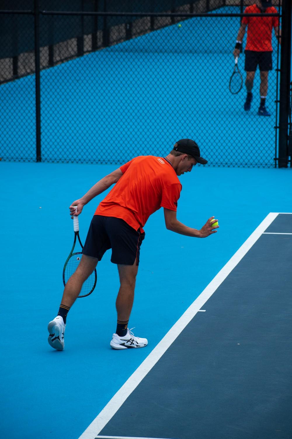 Zeitvogel prepares to serve in his singles match March 11, at Ralphs-Straus Tennis Pavilion. Zeitvogel's match remained unfinished, but he managed to maintain the lead before the cutoff time.