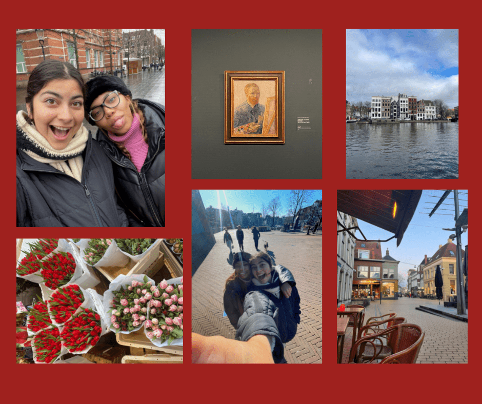 Macias takes selfies with a friend in Amsterdam and snaps pictures of Van Gogh's art, water canals, the streets and Dutch tulips on March 1. Macias visited an old co-worker who relocated to the Netherlands last year. Photos courtesy of Mariah Macias Collage by Emma Ibarra