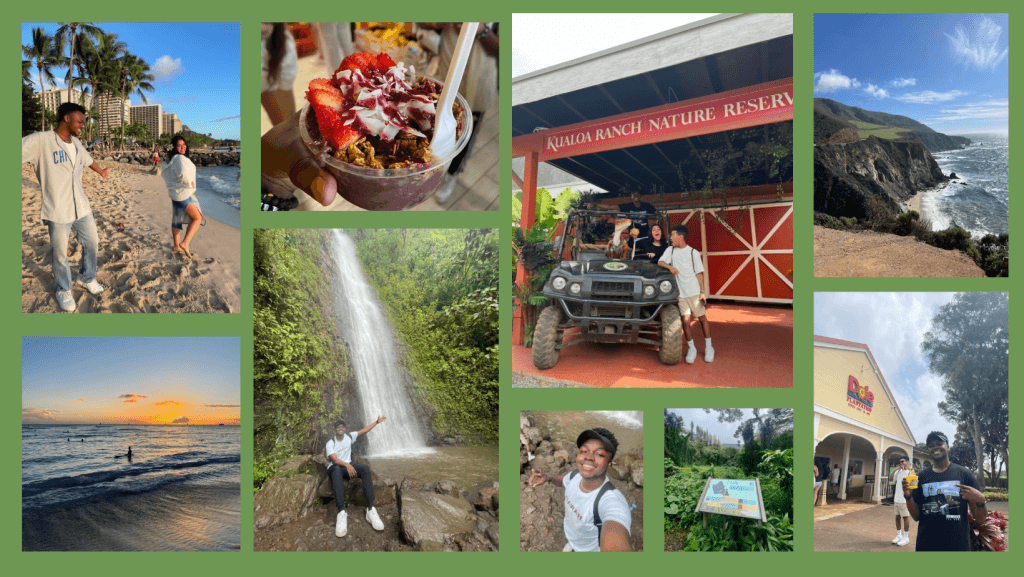 Wicks (pictured far left) shared photos from his tropical vacation with his friends over spring break. The group traveled to the island of Oah'u and ate açai bowls, traversed beaches, and visited sites like the Dole Plantation and Jurassic World filming locations. Photos courtesy of RJ Wicks, Collage by Emma Ibarra