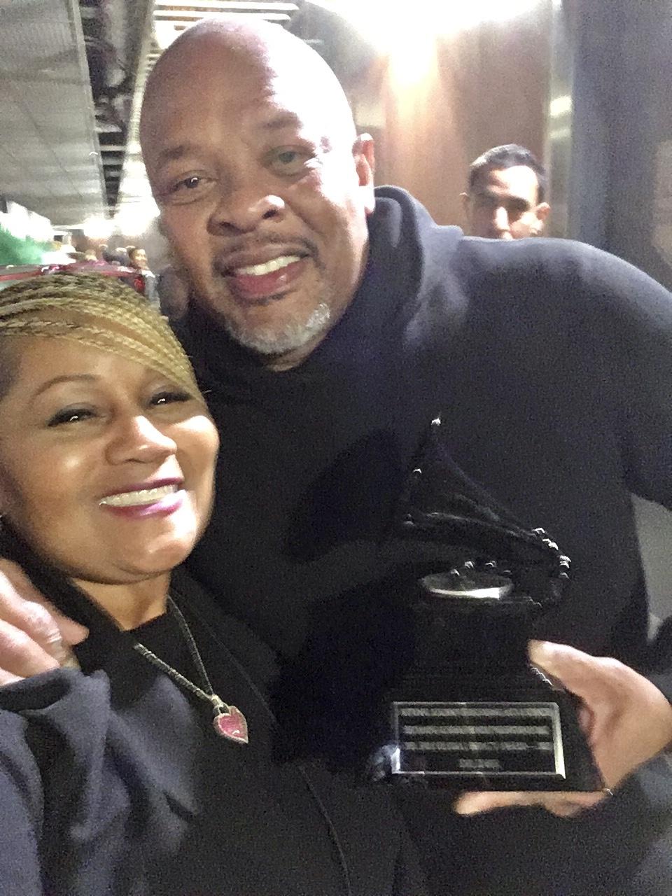 Carr poses for a selfie with Dr. Dre at the GRAMMYs on Feb. 5. Dr. Dre was honored at the GRAMMYs and received the Dr. Dre Global Impact Award, which he is holding in the selfie.
