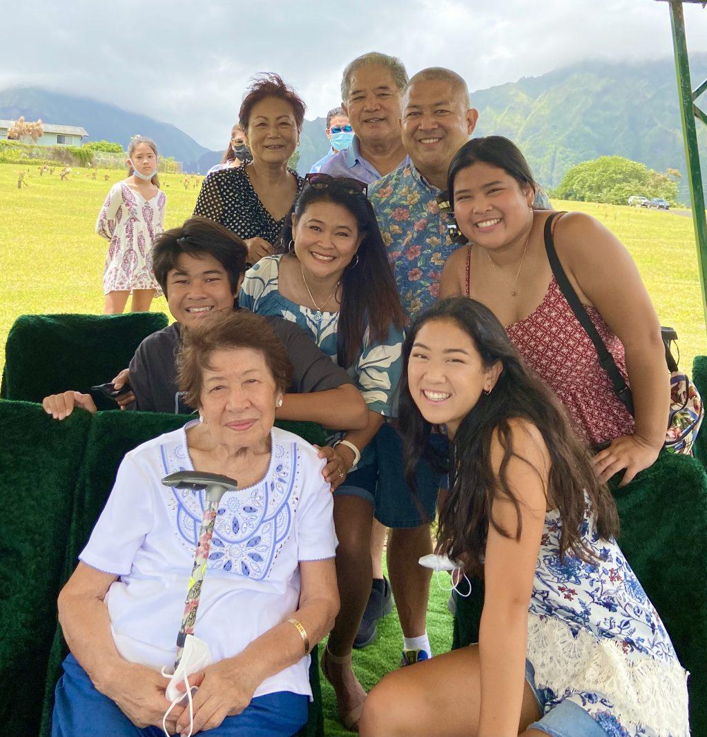 Kiaaina smiles with her parents, grandparents, brother and sister in Kaneohe, Hawai'i in July 2021. Kiaaina said she shares a special relationship with her grandmother who taught her about the native Hawaiian culture. Photo courtesy of Kala'i Kiaaina