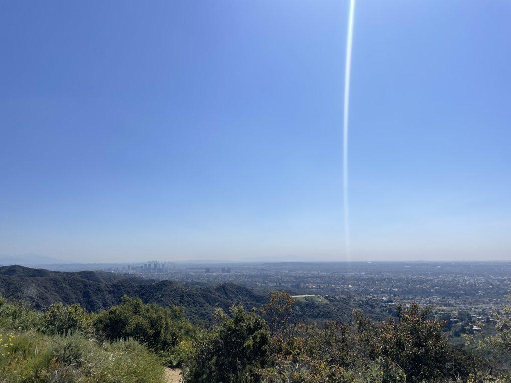 A view of downtown Los Angeles from the top of Temescal Canyon Trail on April 5. Springtime in Malibu created lush vegetation and greenery throughout the trail route.
