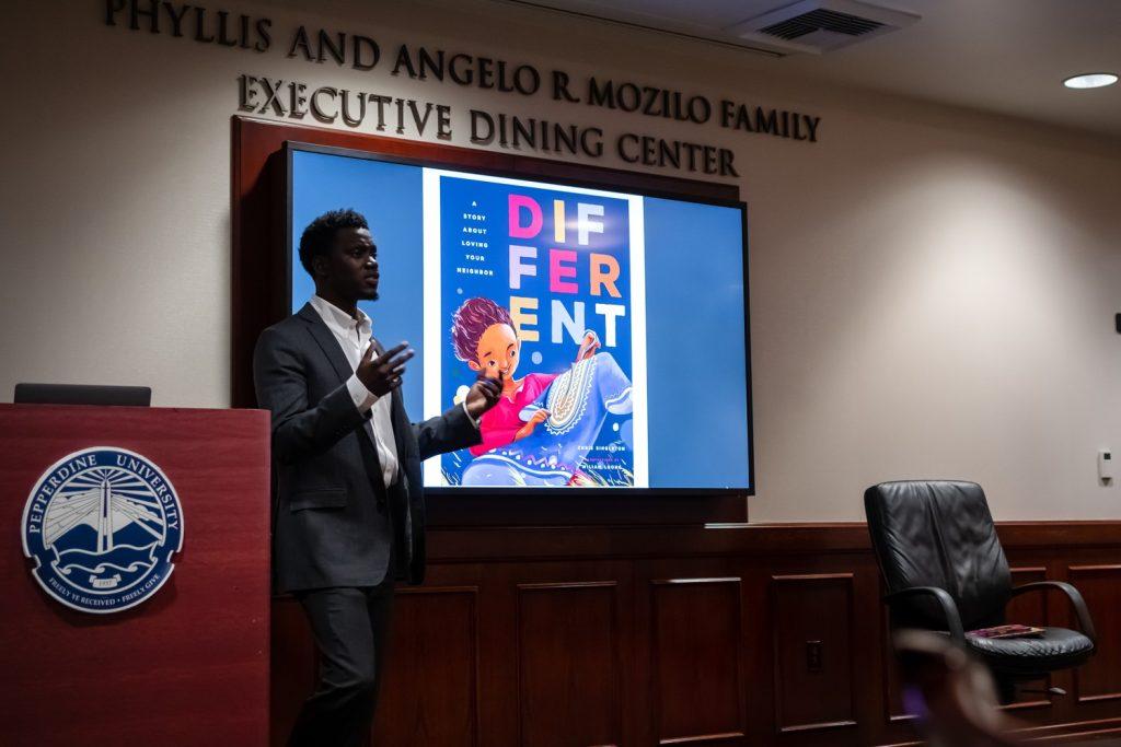 Singleton reads and shares his messages with the Pepperdine community during Story Time on March 13. Singleton said he is now an inspirational speaker and shares his messages of unity and resilience with students and organizations.