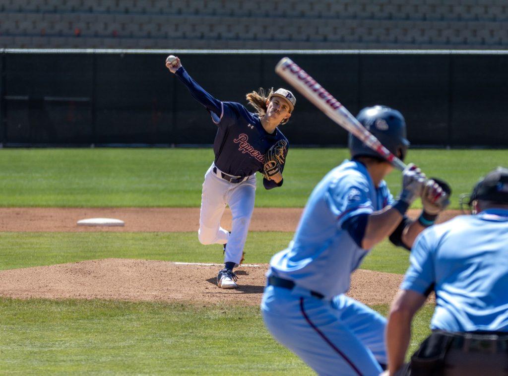 Rising senior pitcher Brandon Llewellyn hurls a ball towards a Gonzaga Batter in Eddy D. Field Stadium during their series in Spring 2023. Llewellyn would put up a single strikeout against Gonzaga.