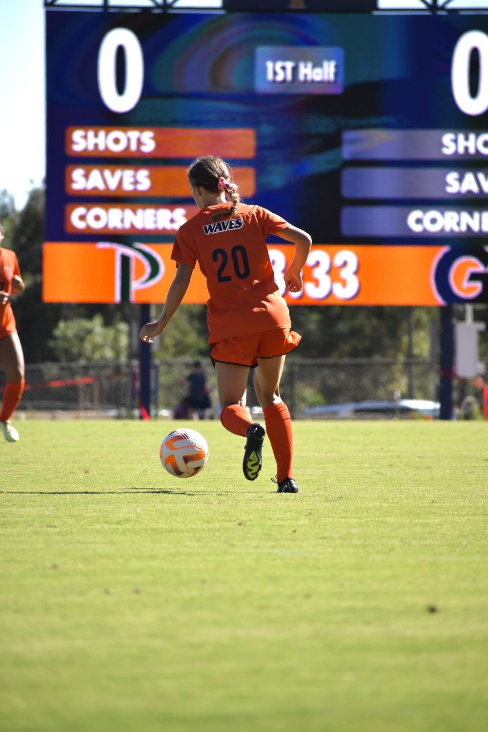 Senior co-captain midfielder/forward Tori Waldeck resets the ball on Tari Frahm Rokus Field on Aug. 17. Waldeck led many of the offensive charges throughout the game.