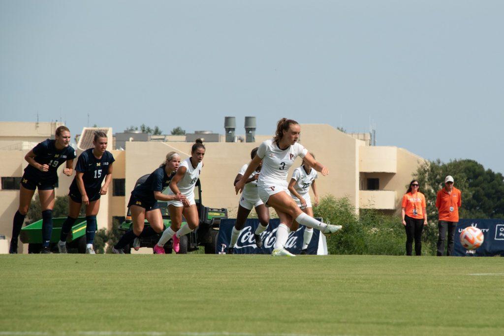 Senior midfielder Skylar Enge taking a penalty kick after Senior Forward Tori Waldeck was fouled Aug. 19, at Tari Frahm Rokus Field. Alongside the goal from the penalty, Enge had three other shots on goal and one assist.