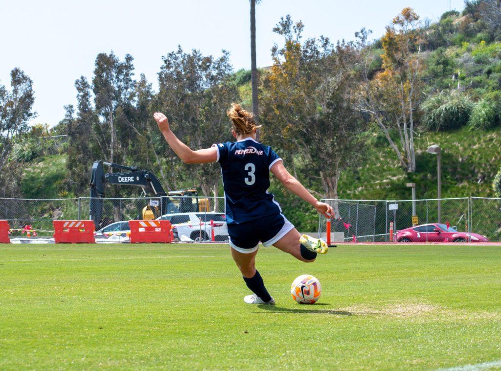 Senior Midfielder Skyler Enge passes the ball downfield April 2, at Tari Frahm Rokus Field. Enge had 17 shots on goal for the season.