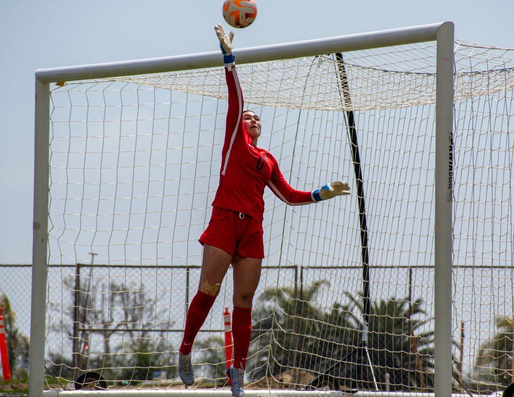 Sophomore goalkeeper Taylor Rath makes a save April 2, at Tari Frahm Rokus Field. Rath had 4 saves and 2 wins last year.