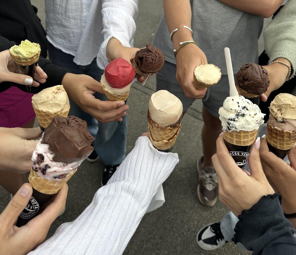 Friends gathered around in Lausanne, Switzerland. Pepperdine students enjoying delicious and new flavors of gelato.