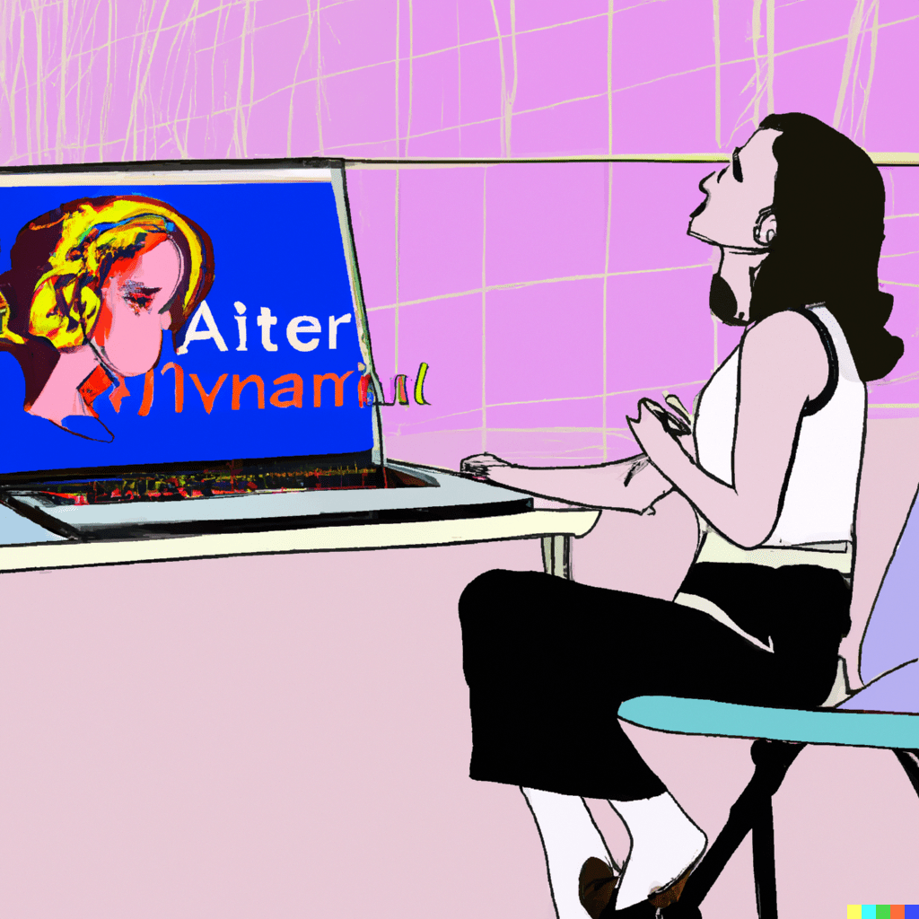Photo generated using Dall-E with prompt "pop art painting of a woman sitting at her computer and generating A.I. art"