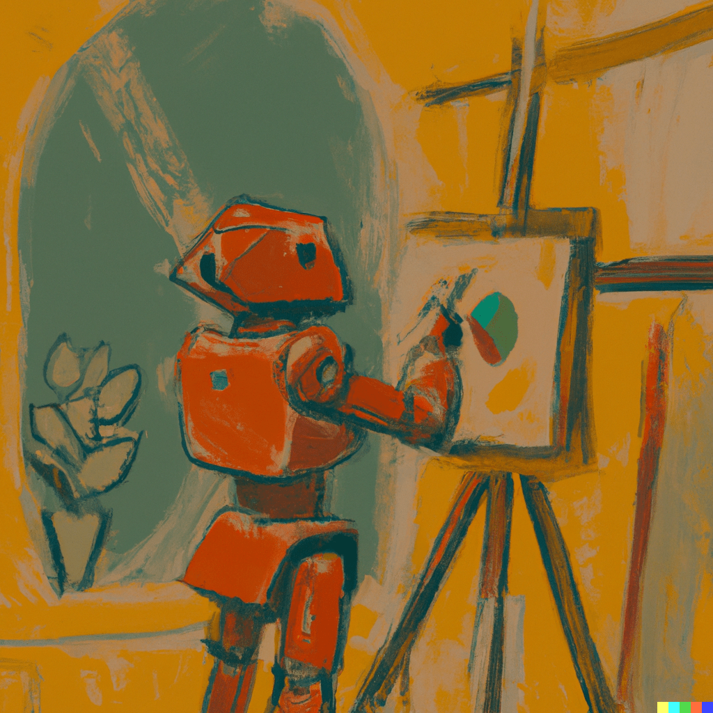 Photo generated using Dall-E with prompt "a robot artist making a painting generated in a vintage style"